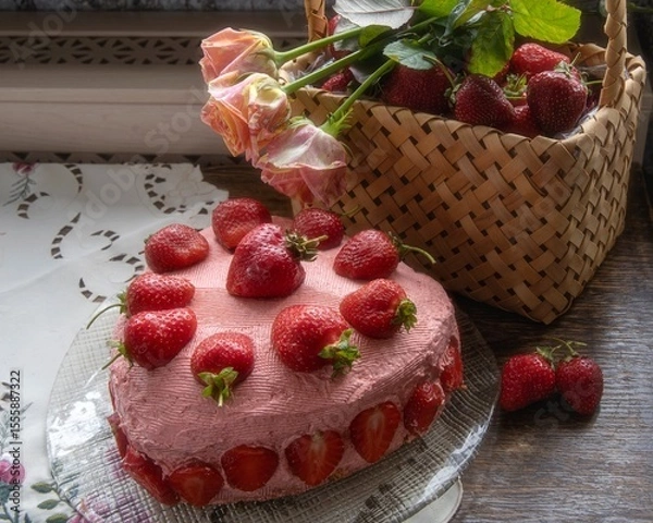 Fototapeta Cheesecake with strawberries and roses