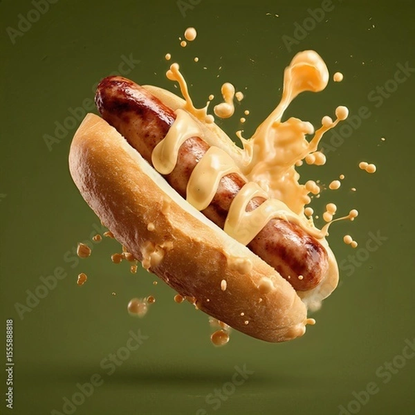 Fototapeta hot dog grilled sausage in a bun with mustard sauce . aspect ratio 1:1