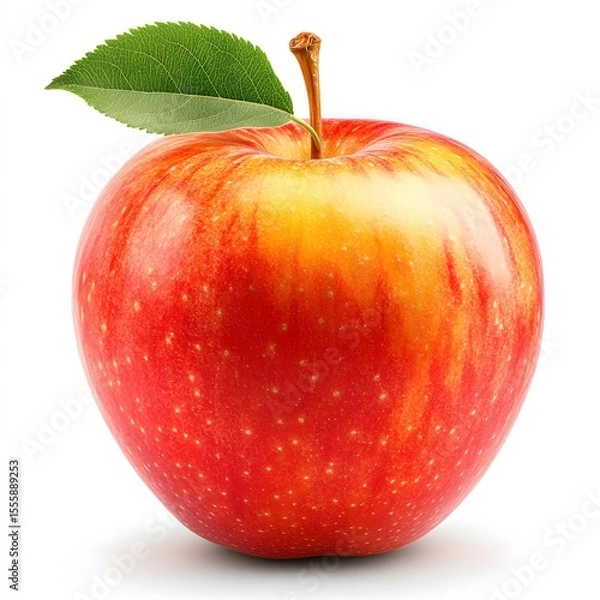 Fototapeta A single red and yellow apple with a green leaf and stem isolated on a white background in studio shot