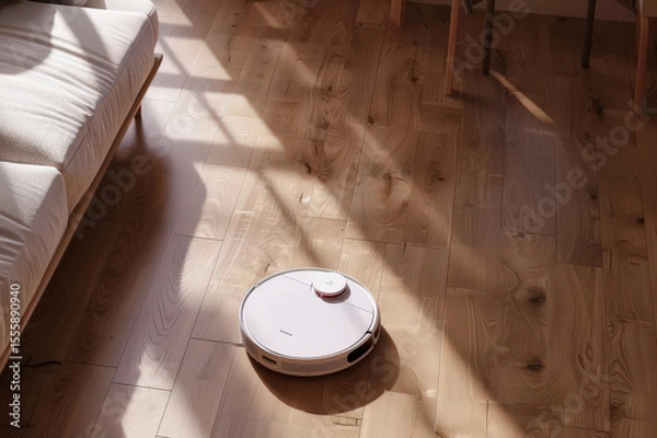 Fototapeta Robot vacuum cleaner gliding on wooden floor in sunny modern interior. Smart cleaning showing autonomous device in minimalist bright home.