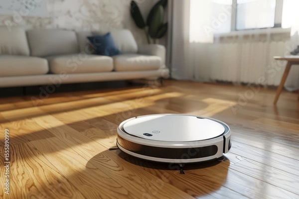 Fototapeta Robot vacuum cleaner gliding on wooden floor in sunny modern interior. Smart cleaning showing autonomous device in minimalist bright home.
