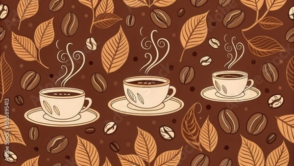 Fototapeta Warm Autumnal Coffee Cups:  Hand-drawn illustration featuring steaming coffee mugs, scattered coffee beans, and stylized autumn leaves on a rich brown background, creating a cozy
