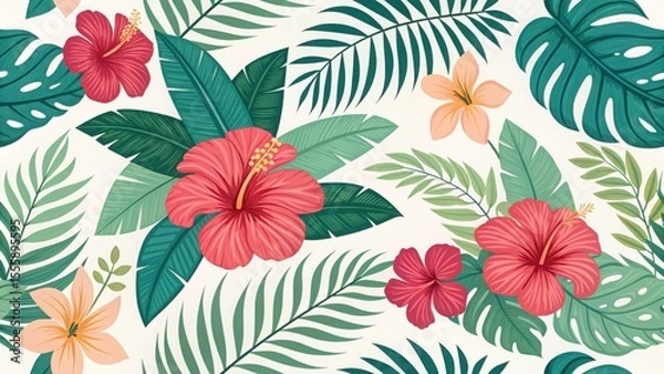 Fototapeta Vibrant Tropical Floral Seamless Pattern: Lush Hibiscus, Palm, and Monstera Leaves;  Summery, Cheerful, and Exotic Design;  Perfect for Textile Prints, Wallpaper, and Website Backgrounds.