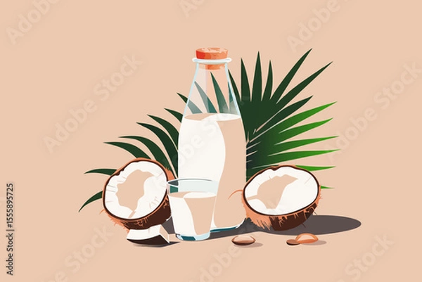 Obraz Vector illustration of coconut milk in a glass and bottle, split coconut, with palm leaves on a peach backdrop