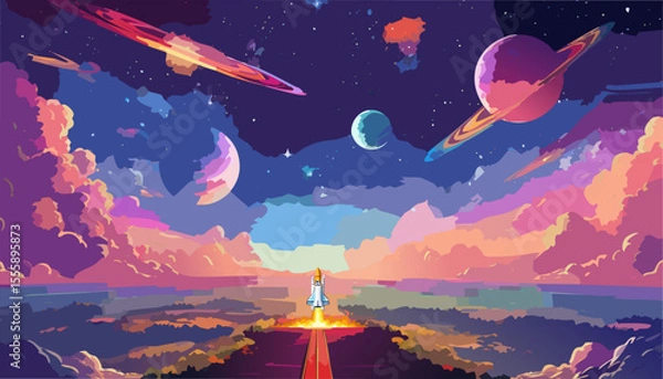 Fototapeta Universe in her beauty - a space shuttle is taking off before a gorgeus sky with stars, clouds and planets 