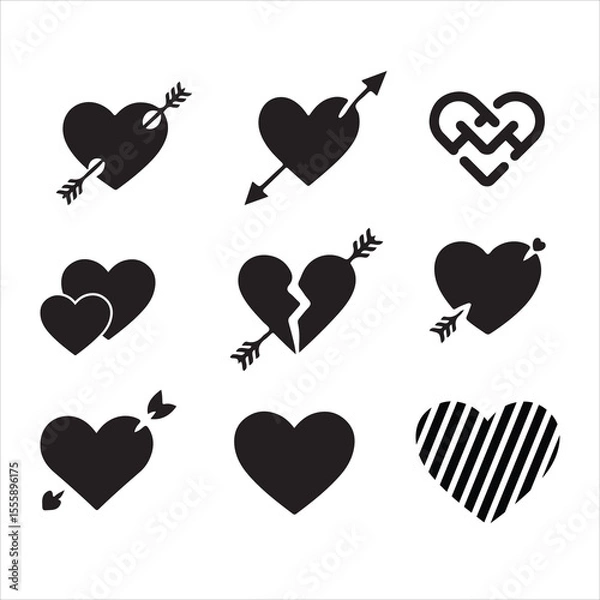 Obraz Collection of Heart Icons with Arrows, Broken Hearts, and Intricate Designs, various black silhouette heart icons, including whole hearts, broken hearts, and hearts with arrows vector art on white
