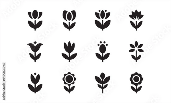 Obraz Set of Simple Black and White Floral Icons, a collection of nine stylized flower icons vector art on white