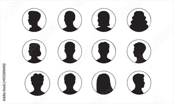 Obraz User Profile Silhouettes in Circular Frames, A set of profile silhouettes of men and women in circular frames vector art on white