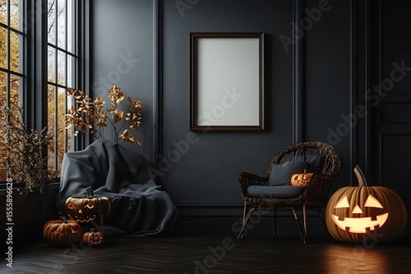 Fototapeta Stylish Halloween home setting with carved pumpkins, dark walls, elegant autumn decor and an empty picture frame.