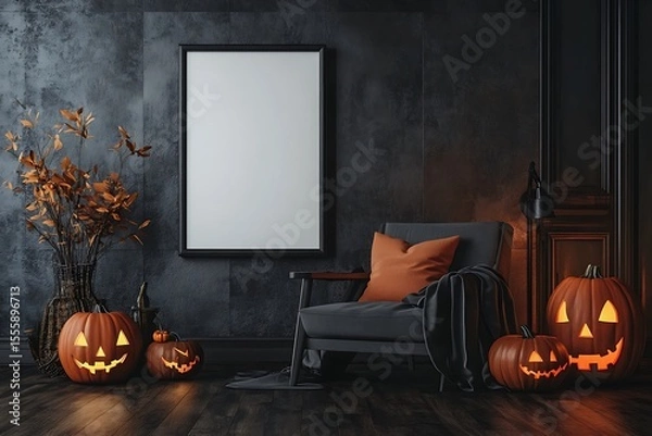Fototapeta Moody Halloween display features glowing pumpkins and a blank picture frame ready for festive autumn designs.