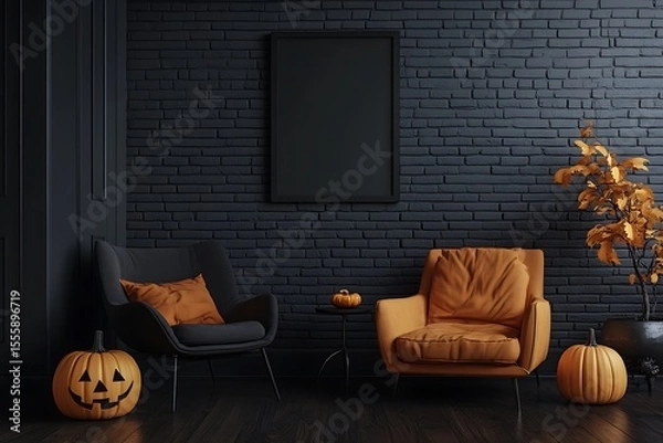 Fototapeta Spooky season setting showcases cozy chairs, glowing pumpkins and a modern blank picture frame against a dark brick wall.