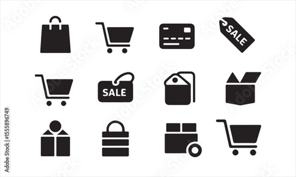 Obraz Flat Icons Representing Essential E-commerce Elements, a set of black and white flat icons, ideal for representing various e-commerce elements vector art on white