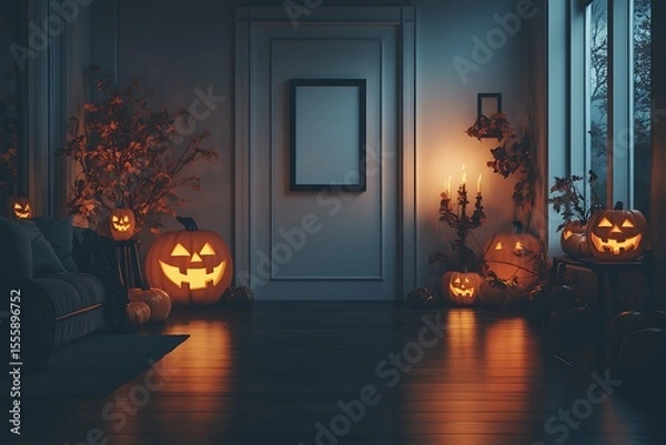 Fototapeta Glowing pumpkins create a festive Halloween atmosphere in a stylish interior setting with warm candlelight adding to the spooky season decor.
