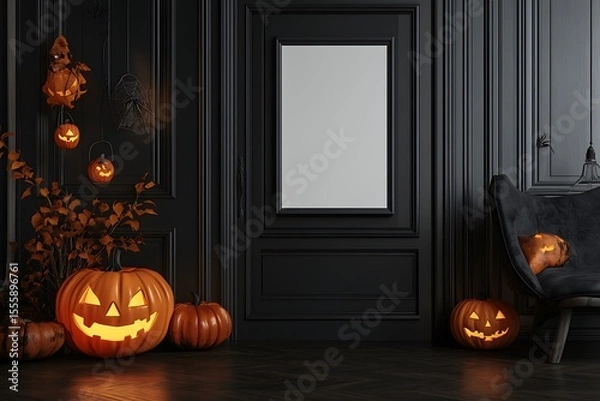 Fototapeta Festive Halloween scene features glowing jack o lanterns and spooky decor against a dark, stylish interior backdrop.