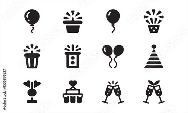 Obraz Set of Black and White Party Icons, set of simple, black and white icons depicts various party-related elements vector art on white