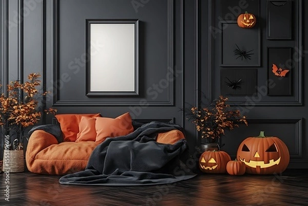 Fototapeta Moody Halloween atmosphere with glowing jack-o'-lanterns and orange accents on a comfy sofa, creating a spooky yet cozy scene.