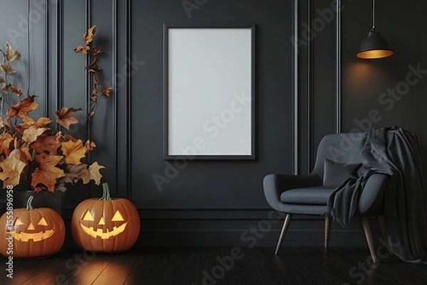 Fototapeta Dark moody Halloween decor featuring glowing jack-o'-lantern pumpkins and autumn leaves near a blank frame for personalized art.