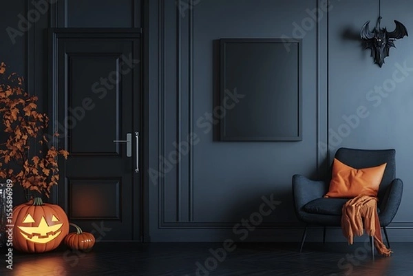 Fototapeta Decorated living space with Halloween decorations of pumpkins and an ornate skull creating an atmospheric interior
