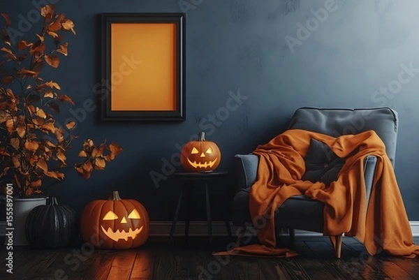 Fototapeta Festive Halloween pumpkins glow in a moody room setting with armchair, blanket, and fall decor creating a cozy atmosphere.
