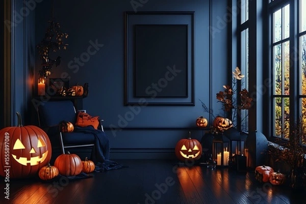 Fototapeta Festive Halloween ambiance glows with jack-o'-lanterns in a dimly lit elegant room with fall foliage and decor.