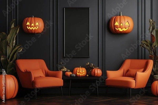 Fototapeta Celebrate Halloween with festive pumpkins and cozy chairs in a modern living room setting creating a warm and inviting spooky atmosphere.