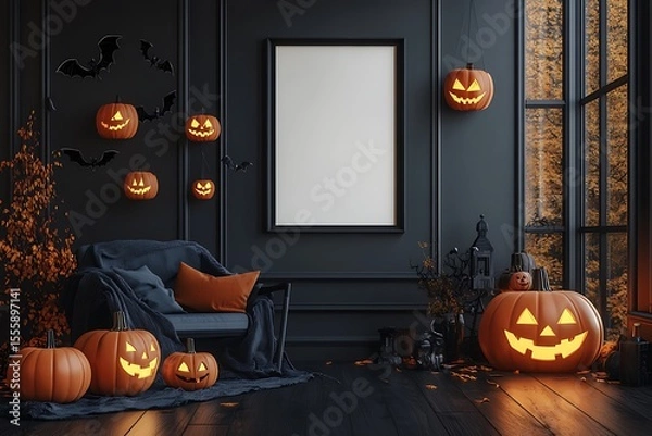 Fototapeta Glowing pumpkins and black bats adorn a dark-toned room for a spooky Halloween celebration with a blank frame ready for your text.