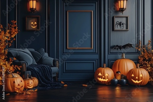 Fototapeta Elegant Halloween decor features glowing pumpkins, autumnal leaves, and dark blues creating a festive atmosphere in the room.