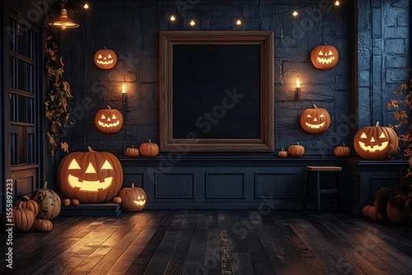 Fototapeta Embrace the Halloween spirit with glowing Jack o lanterns in a spooky, rustic room, complete with an empty frame