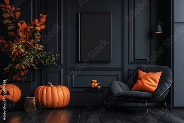 Fototapeta A moody Halloween interior scene with pumpkins, a dark chair, and autumn leaves creating a cozy, seasonal vibe.