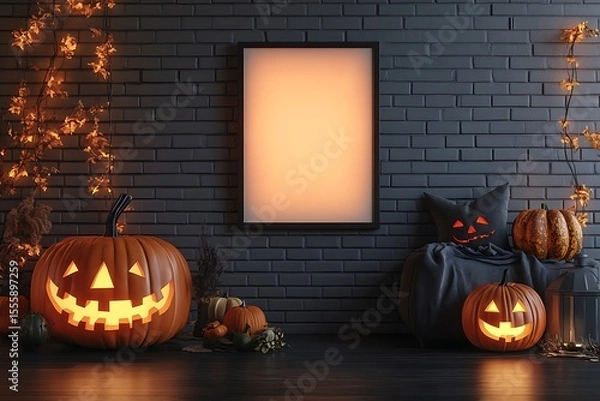 Fototapeta Spooky Halloween scene features glowing pumpkins, a black cat pillow, and a blank frame against a textured brick wall.