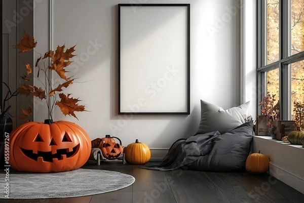 Fototapeta Festive Halloween atmosphere with carved pumpkins and autumnal leaves in a cozy and inviting interior setting