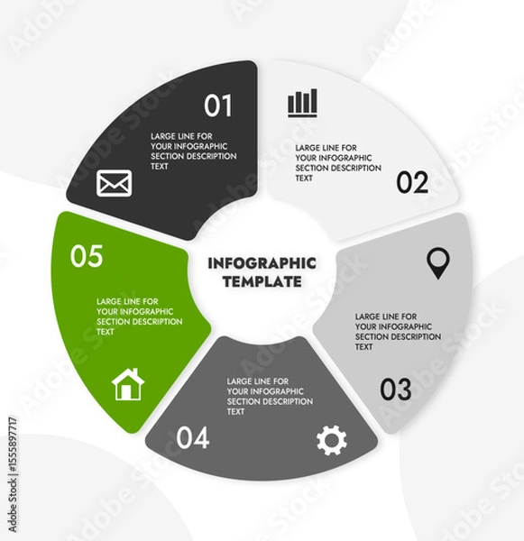 Obraz circular infographic template with five sections in green and gray colors for your information