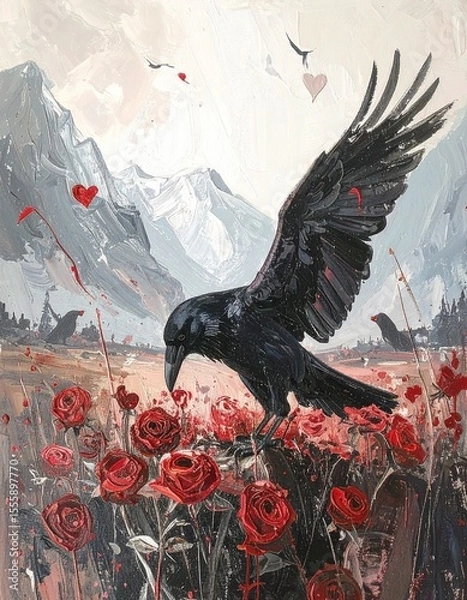Fototapeta Dark fantasy artwork, gothic black and crimson red palette, symbolic elements like