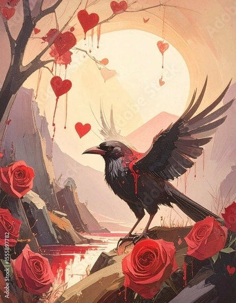 Fototapeta Dark fantasy artwork, gothic black and crimson red palette, symbolic elements like