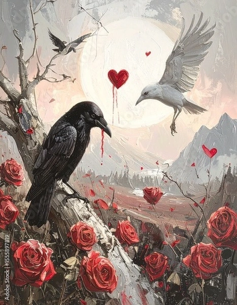 Fototapeta Dark fantasy artwork, gothic black and crimson red palette, symbolic elements like