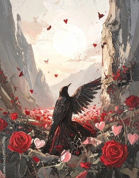 Fototapeta Dark fantasy artwork, gothic black and crimson red palette, symbolic elements like