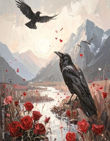 Fototapeta Dark fantasy artwork, gothic black and crimson red palette, symbolic elements like