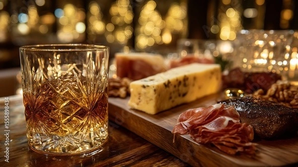 Fototapeta Whiskey-based cocktail paired with charcuterie board: cured meats, cheeses, nuts on rustic wood table
