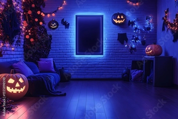 Fototapeta Spooky Halloween scene features jack-o'-lanterns, bats, and festive decor against a brick wall in a blue-lit room creating a holiday mood.