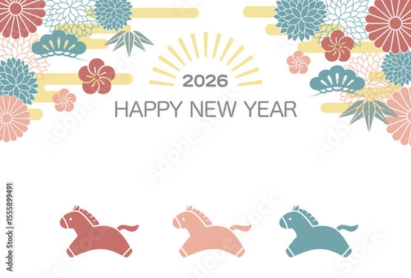 Fototapeta The Year Of The Horse New Year’s Greeting Card Template With Cute Galloping Horses, Japanese Vintage Floral Decoration, And Text Space. Vector Flat Style Illustration. 