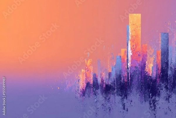 Fototapeta Abstract cityscape at sunset, painted in vibrant orange, purple, and blue hues with a textured, almost splatter-paint effect
