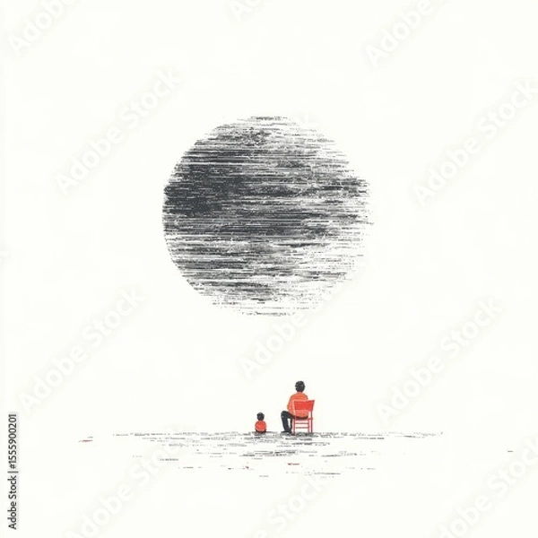 Fototapeta Minimalist artwork depicts an adult and child seated, gazing at a large, textured grey orb against a white background