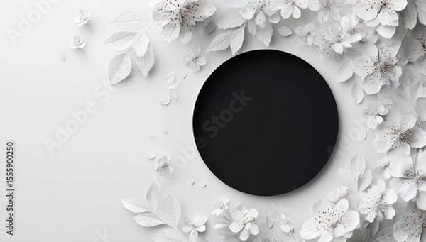 Fototapeta A black circle centrally placed on a white background, surrounded by delicate paper-crafted white flowers and leaves
