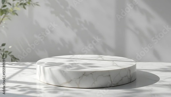 Fototapeta White Marble Round Base in Minimalist Space with Leaf Shadows