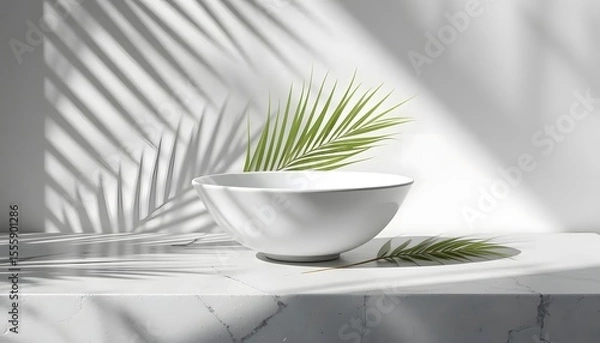 Fototapeta White Minimalist Bowl with Palm Leaf and Diagonal Shadows