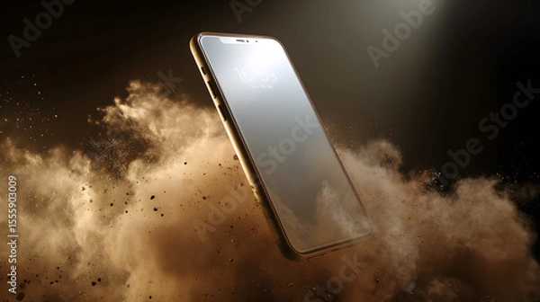 Fototapeta Smartphone in Dust Cloud: A sleek smartphone floats amidst a dramatic dust cloud, illuminated by a spotlight, showcasing its resilience and modern design.