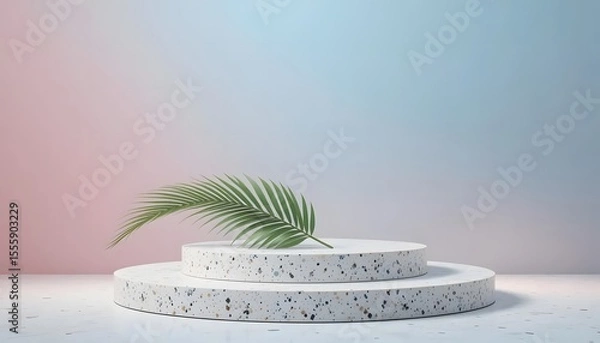Fototapeta White Terrazzo Podium with Palm Leaf on Blue-Pink Gradient Background