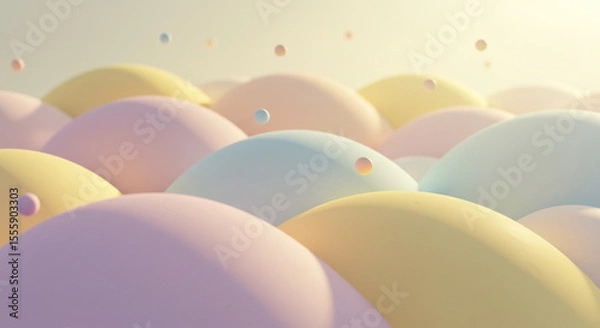 Fototapeta Abstract pastel colored domes with small spheres floating above them, creating a soft, dreamlike, and calming visual.