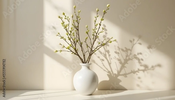 Fototapeta White Vase with Spring Branches Casting Shadows on Cream Wall