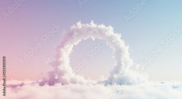 Fototapeta A pastel-hued sky showcases a surreal, circular cloud formation resembling a celestial archway above a sea of clouds.